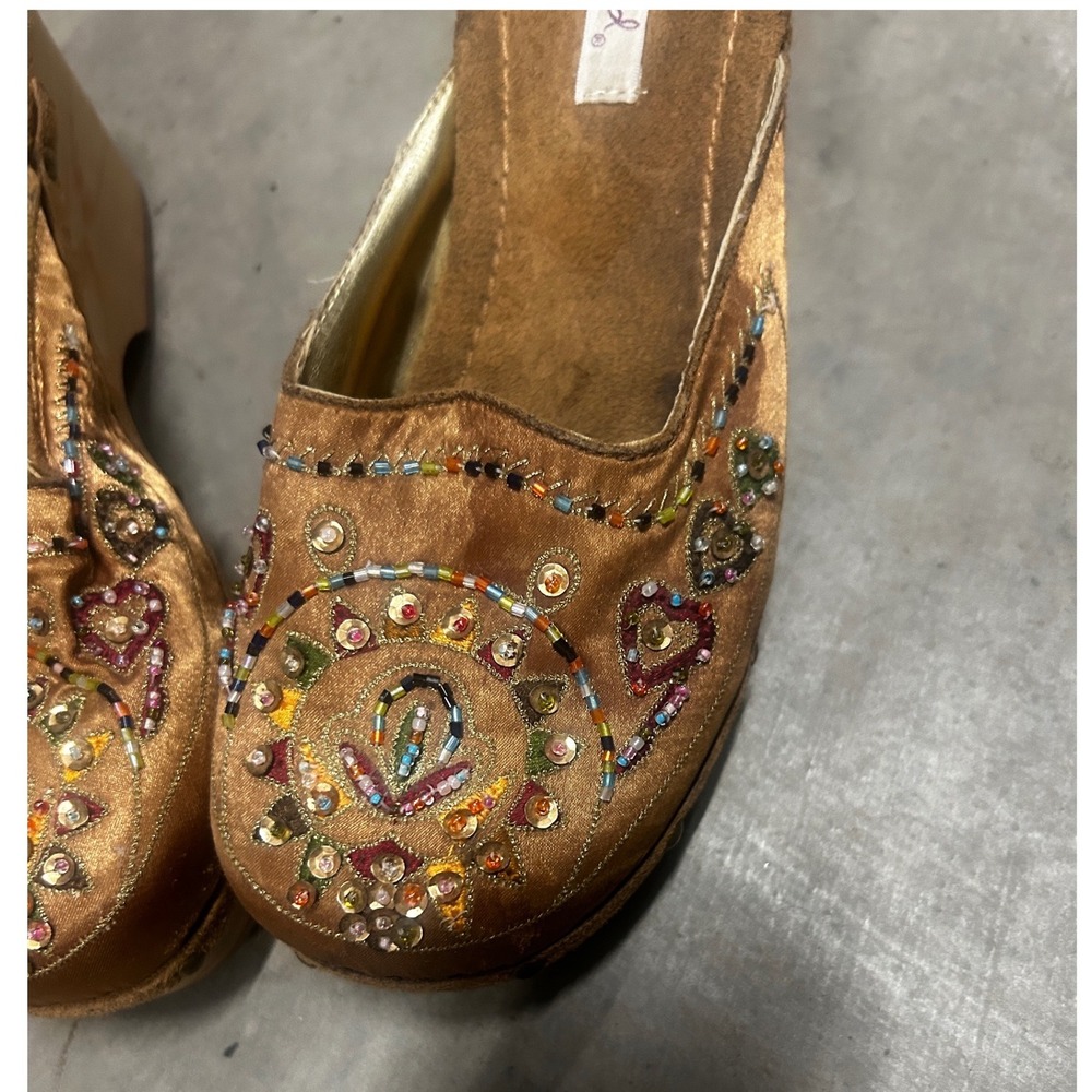 Qupid Bronze Beaded Satin Platform Clogs Vintage Style Wedge Mules Brown Boho - Picture 4 of 8